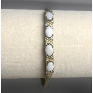 Herringbone Chain Bracelet Gold Tone Opal Style Simulated Diamonds 7.25" Vintage
